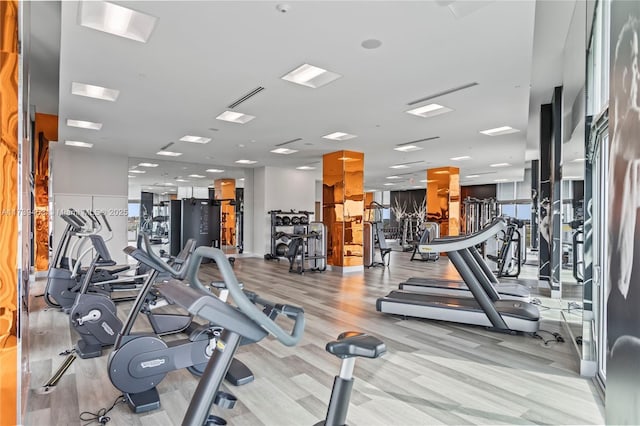 exercise room featuring light hardwood / wood-style flooring