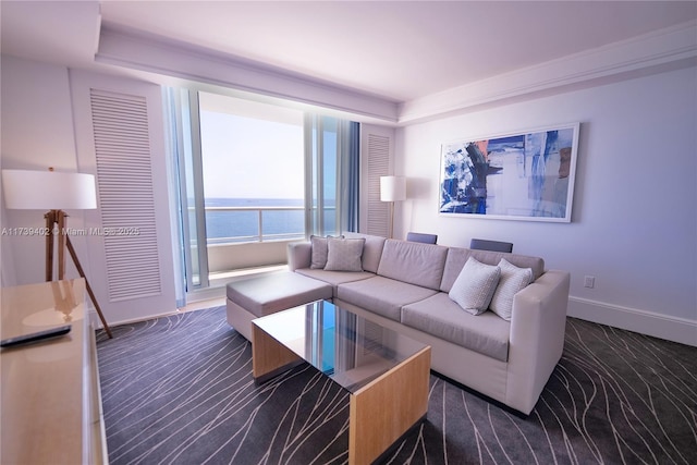 bedroom featuring crown molding and a water view