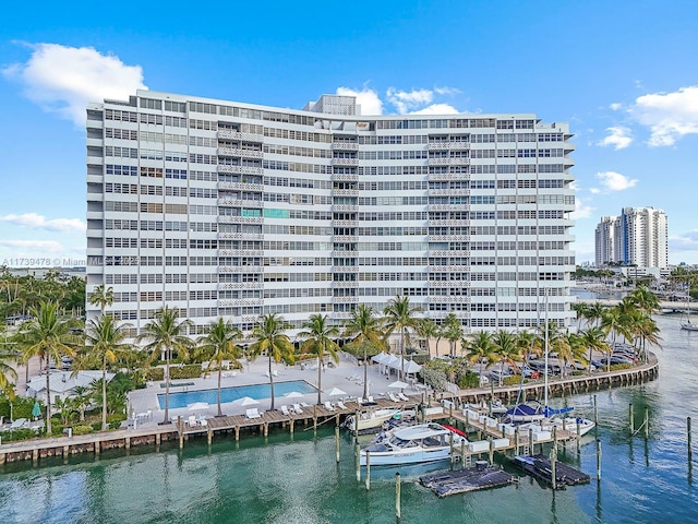 view of building exterior with a water view