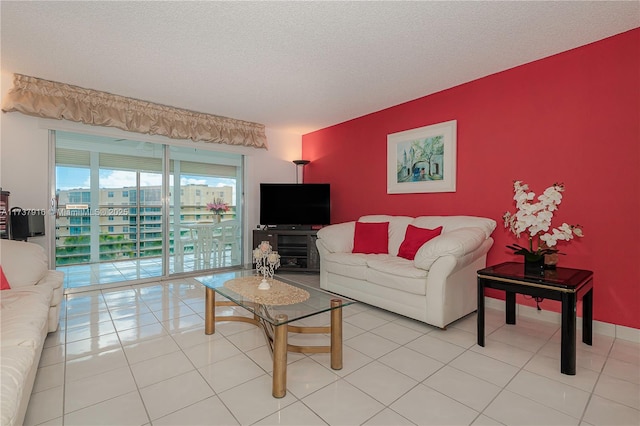 tiled living room with a textured ceiling