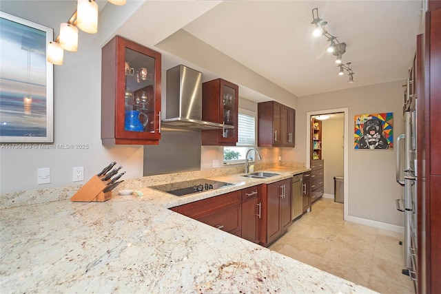 kitchen with wall chimney exhaust hood, sink, hanging light fixtures, black electric cooktop, and stainless steel dishwasher