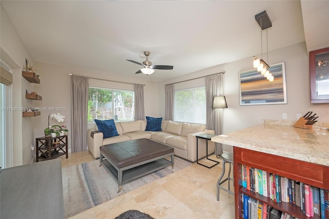 living room with ceiling fan