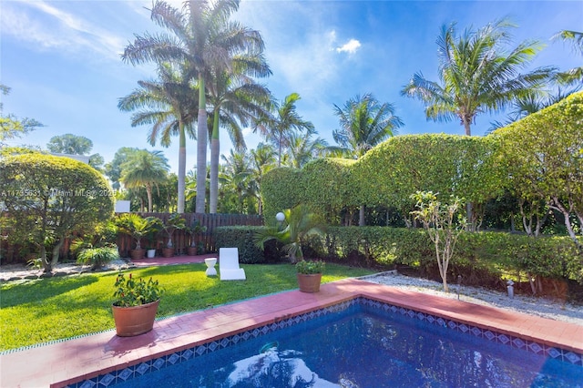 view of swimming pool featuring a lawn