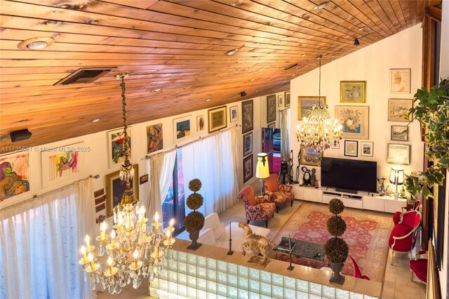 living room featuring tile patterned flooring, lofted ceiling, wood ceiling, and a chandelier