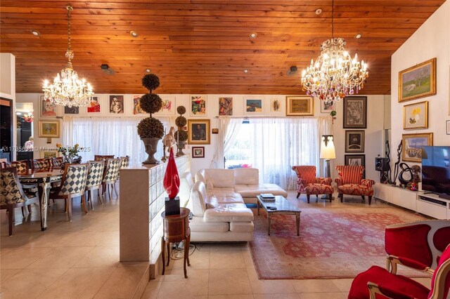 tiled living room with a notable chandelier, wood ceiling, and high vaulted ceiling