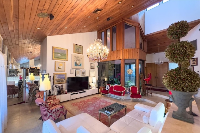 tiled living room featuring high vaulted ceiling, wood ceiling, and an inviting chandelier