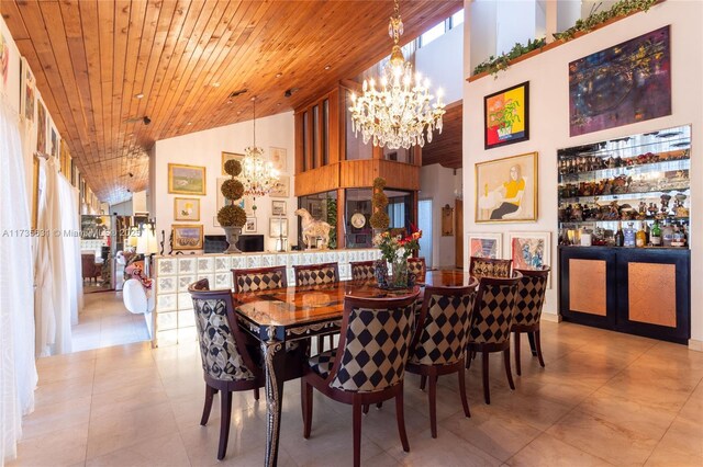 dining space with high vaulted ceiling, wooden ceiling, and a chandelier