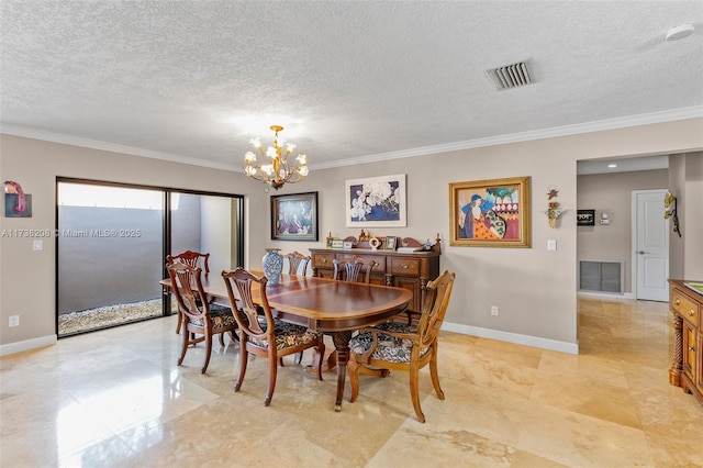 dining space with an inviting chandelier, crown molding, and a textured ceiling