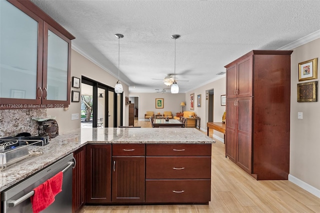 kitchen featuring decorative light fixtures, dishwasher, ornamental molding, light hardwood / wood-style floors, and kitchen peninsula