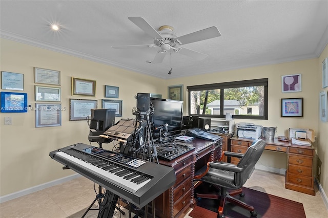 office area featuring light tile patterned floors, crown molding, and ceiling fan