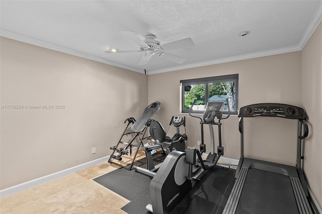 exercise room featuring ceiling fan, crown molding, and a textured ceiling