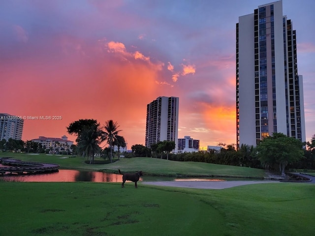 view of home's community featuring a water view and a yard