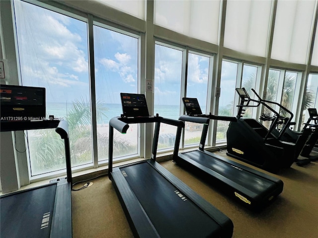 gym with a water view