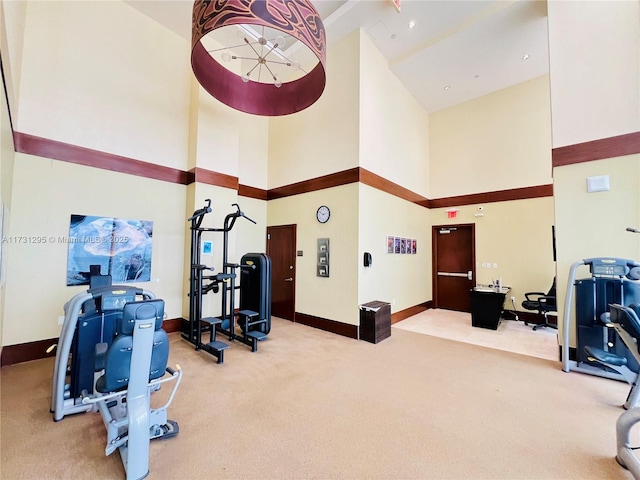 exercise room with carpet floors, a high ceiling, and baseboards