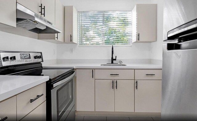 kitchen with white cabinets, fridge, sink, and electric range