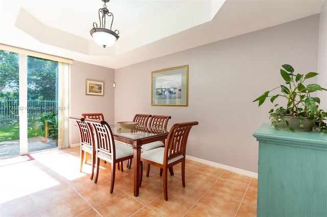 dining room with light tile patterned floors and a raised ceiling