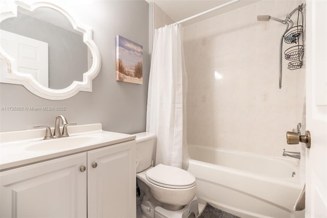 full bathroom with vanity, shower / bath combo, and toilet