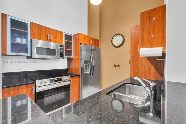 kitchen with stainless steel appliances, sink, and a high ceiling