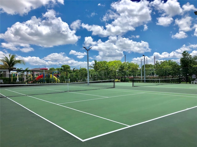 view of tennis court featuring fence
