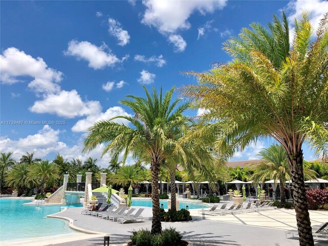 view of swimming pool featuring a patio area