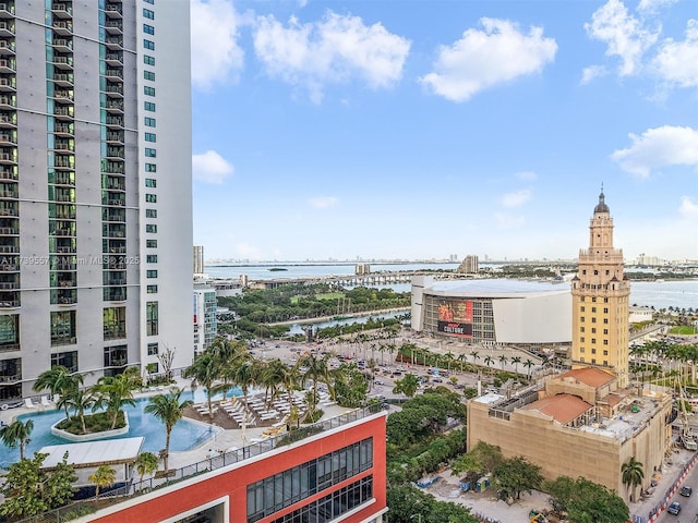 property's view of city featuring a water view