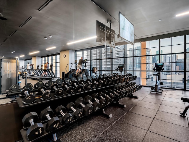 gym with floor to ceiling windows