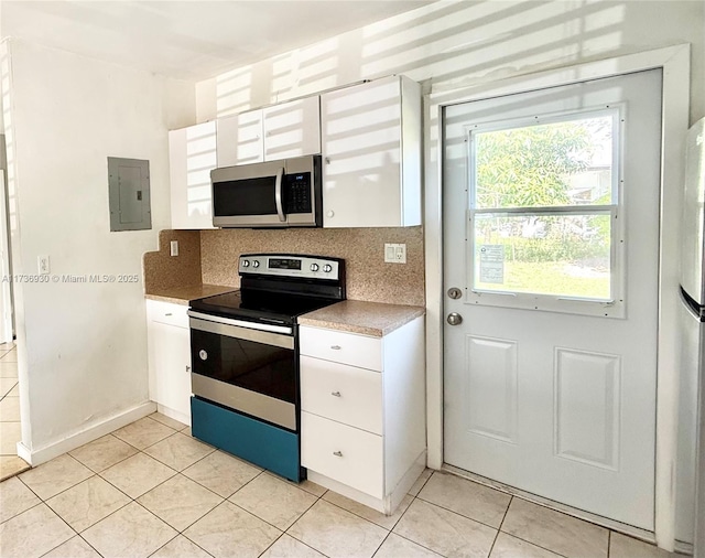 kitchen with appliances with stainless steel finishes, white cabinetry, electric panel, and decorative backsplash