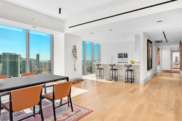 dining room with sink, a wall of windows, light hardwood / wood-style floors, and a healthy amount of sunlight