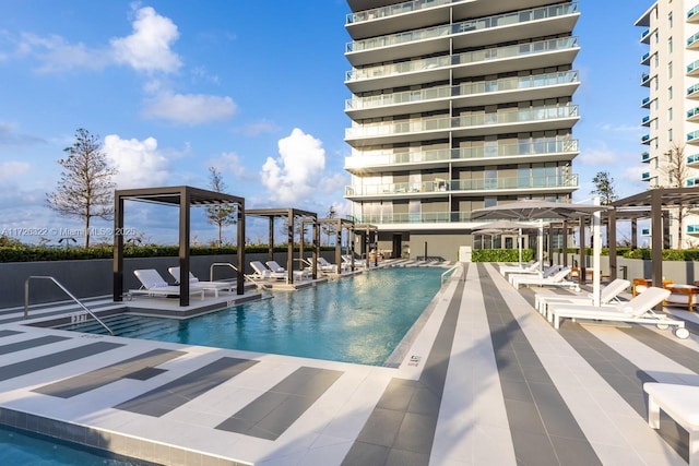 view of swimming pool featuring a patio