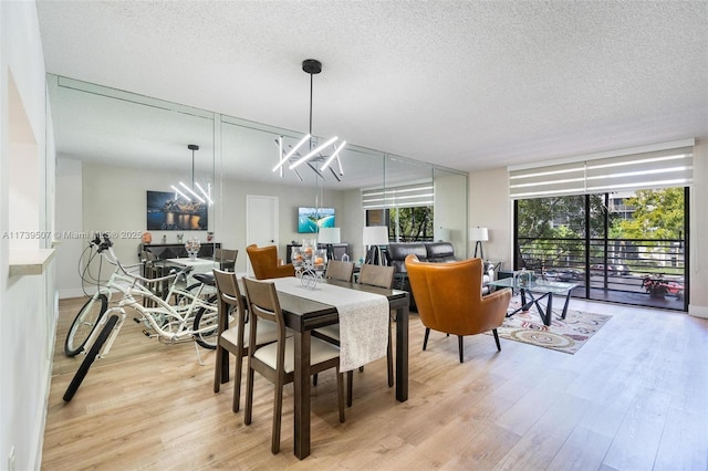 dining room with a chandelier, a textured ceiling, and light wood-type flooring