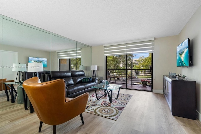 living room with expansive windows, a textured ceiling, and light wood-type flooring