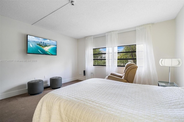 carpeted bedroom with a textured ceiling