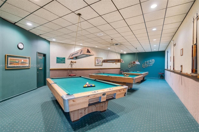 recreation room featuring a drop ceiling, billiards, and carpet flooring