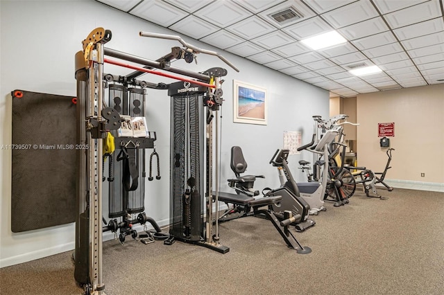 exercise room featuring carpet flooring