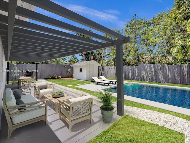 view of patio with a fenced in pool, a pergola, an outdoor hangout area, and a shed