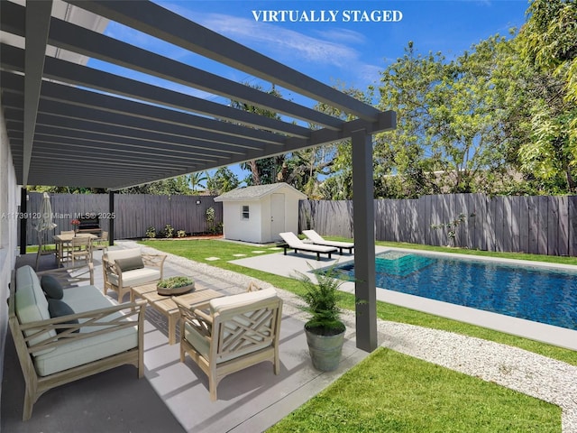 view of patio with a fenced in pool, outdoor lounge area, a pergola, and a storage shed