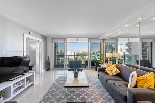 tiled living room with floor to ceiling windows