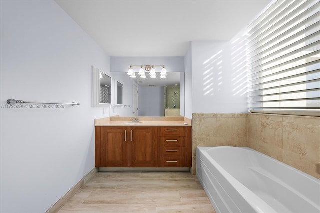 bathroom with vanity, wood-type flooring, and a washtub