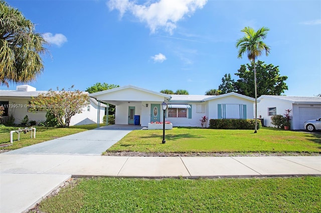 ranch-style home with a carport and a front lawn