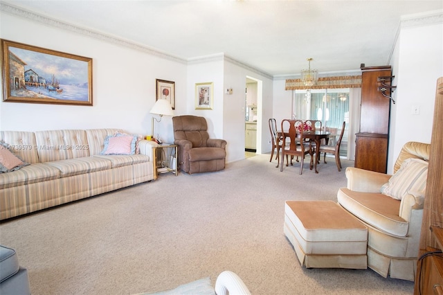 living room with crown molding and carpet flooring