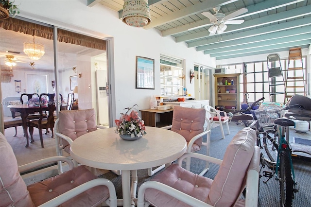 carpeted dining space with beamed ceiling, ceiling fan with notable chandelier, and wooden ceiling