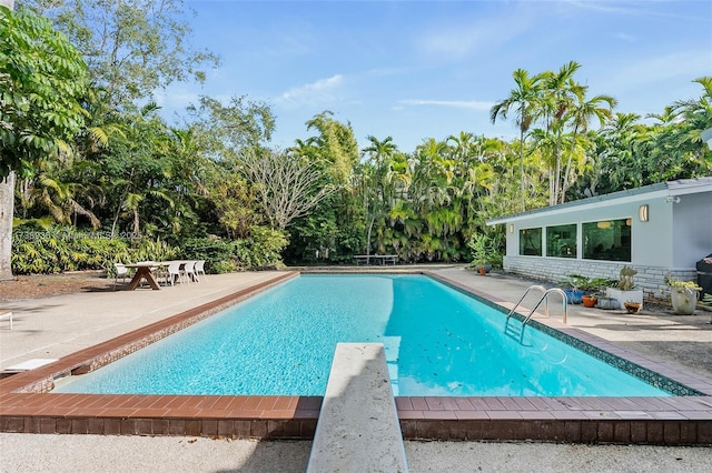 view of pool with a diving board and a patio