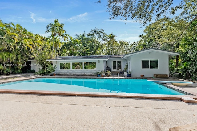 view of swimming pool featuring a diving board and a patio area