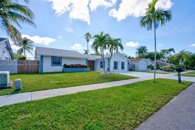 ranch-style house featuring a garage and a front lawn