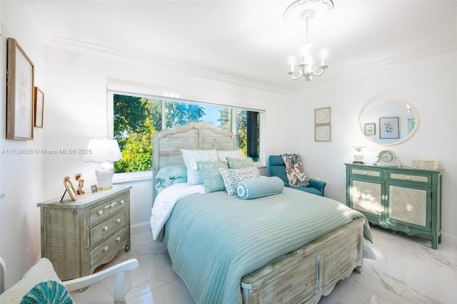 bedroom with crown molding and a chandelier