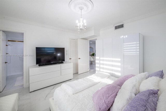 bedroom with ornamental molding and a chandelier