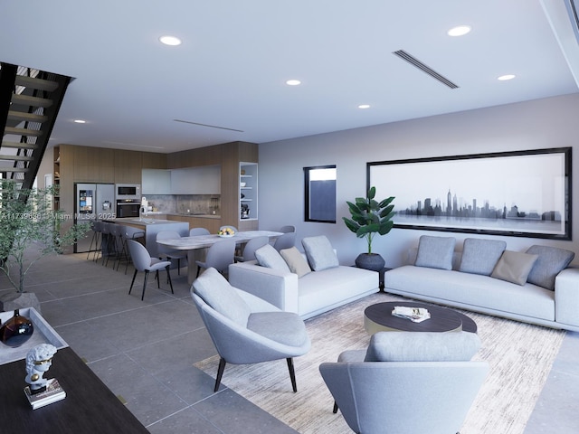 living room featuring dark tile patterned flooring