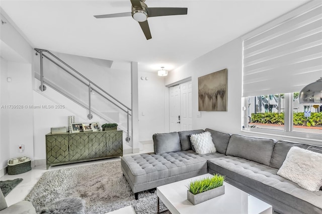 living room with ceiling fan