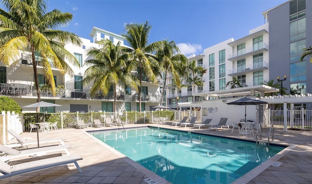 view of pool with a patio and a pergola