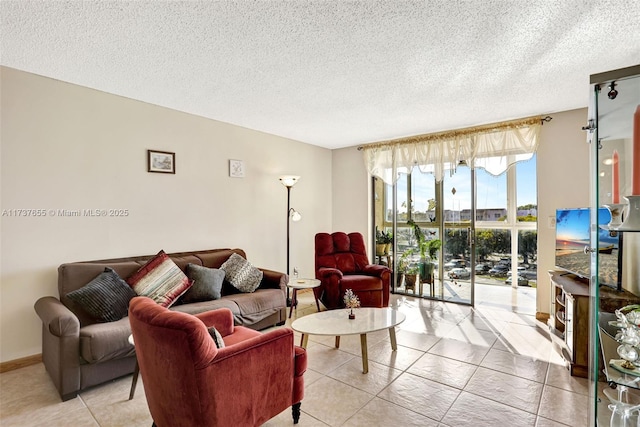 living room with a textured ceiling